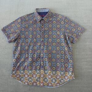 Robert Graham Shirt Mens XL Blue Button Up Embroidered Short Sleeve Vegas Casual